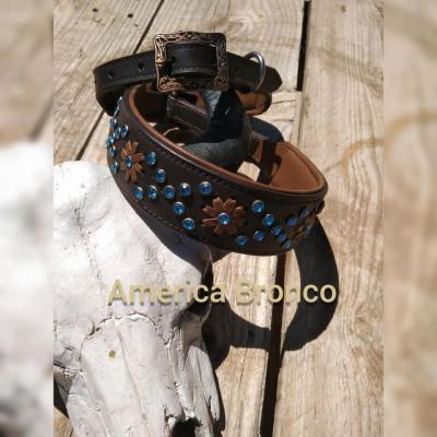 Collier cuir marron et chrystal bleu